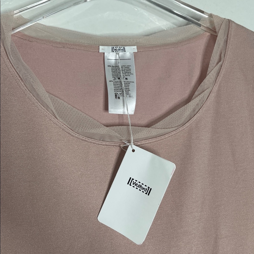 New Wolford Pink Nude Short Sleeve Scoop Tulle Trim Neck Stretch Top Size Small - Picture 2 of 5
